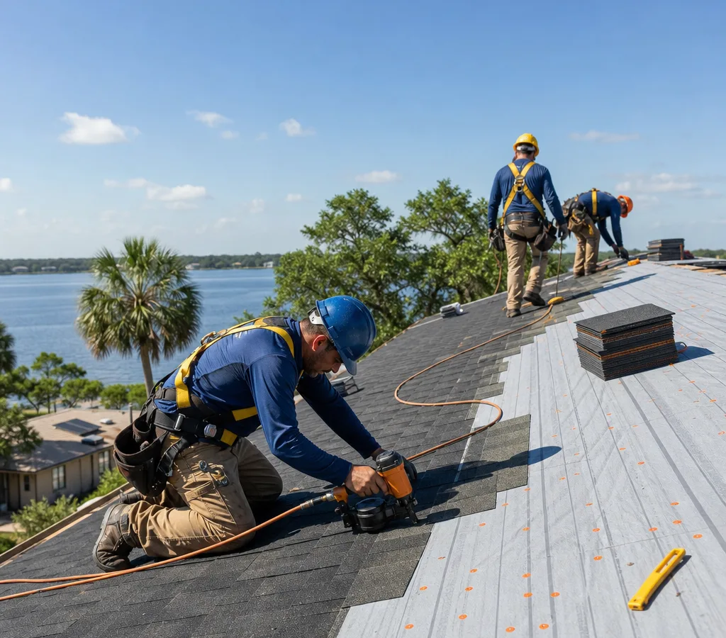 Roofing crew working on an asphalt shingle roof on a Lake Mary home