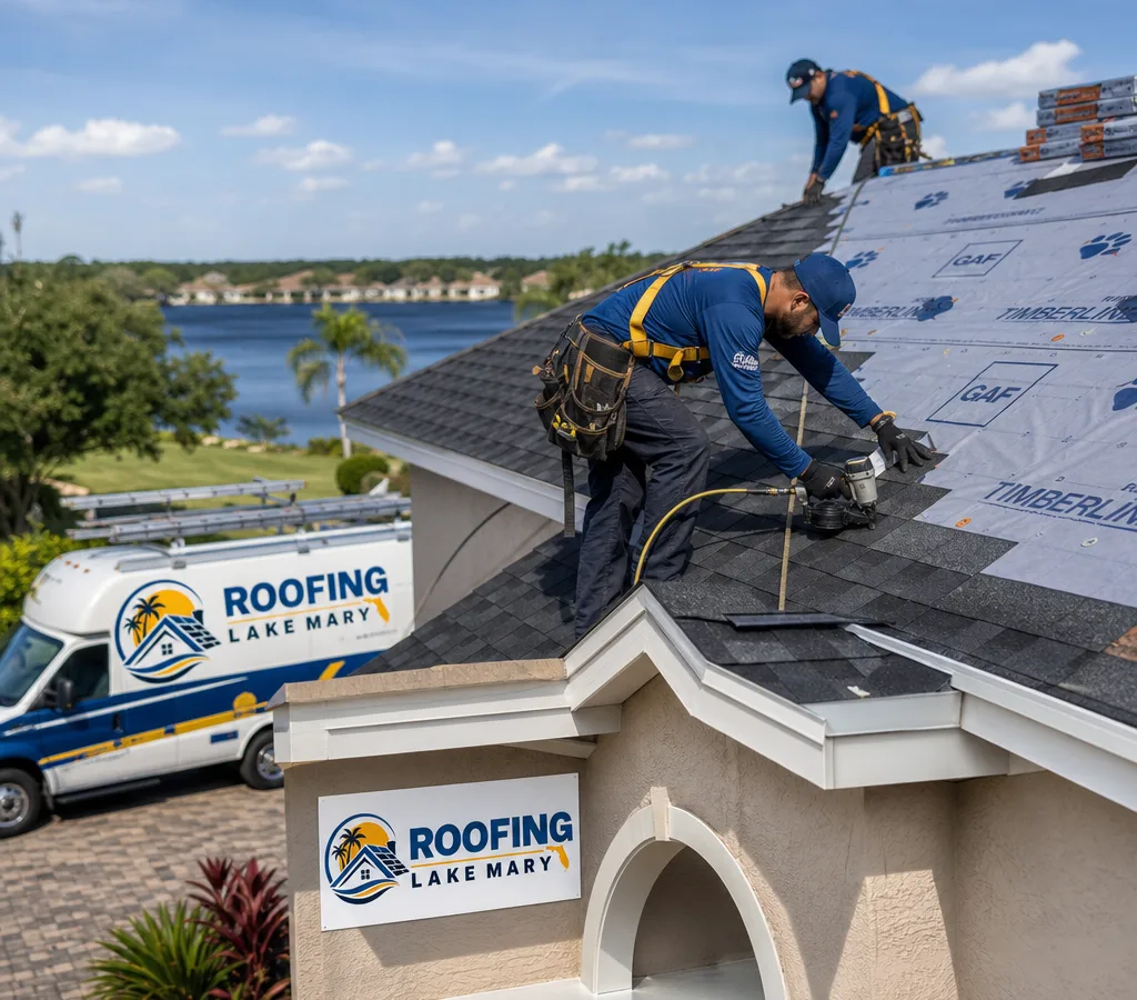 Roofing crew working on an asphalt shingle roof on a Lake Mary home