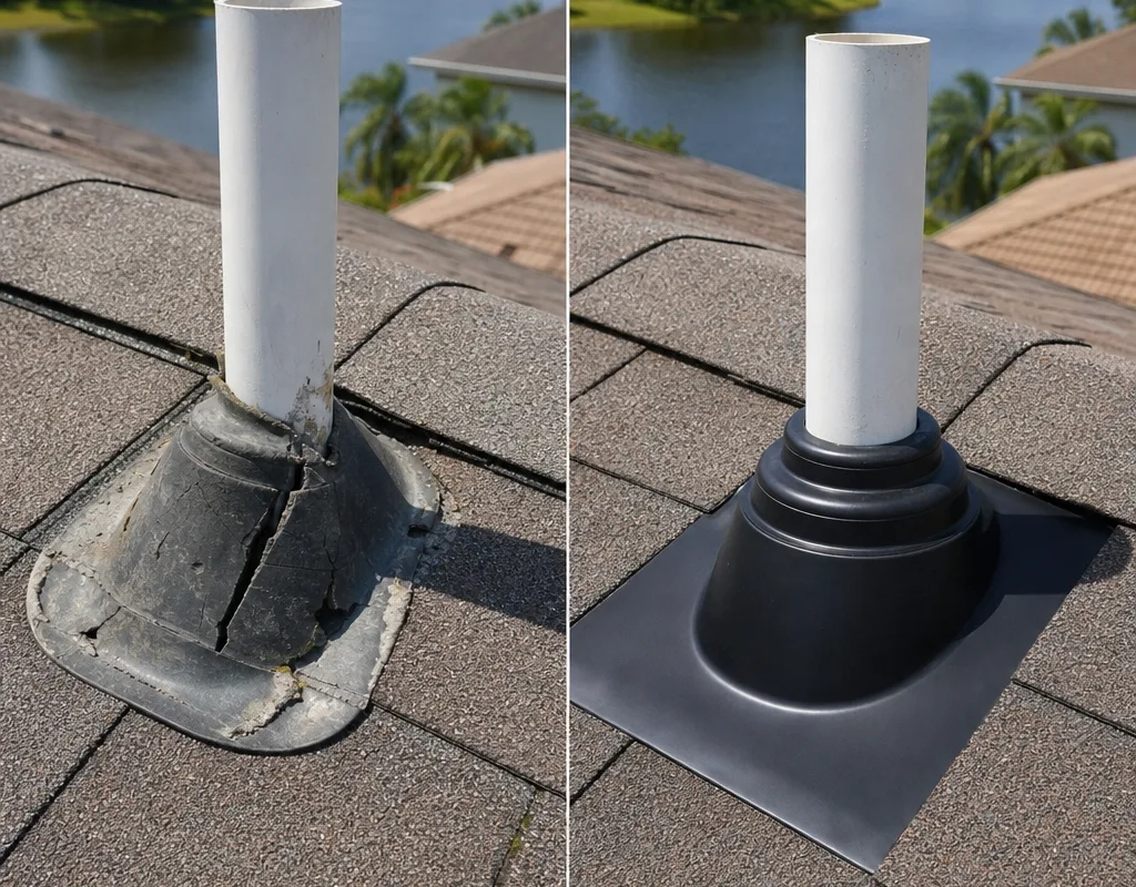 Before and after view of a cracked pipe boot replaced with new integrated flashing