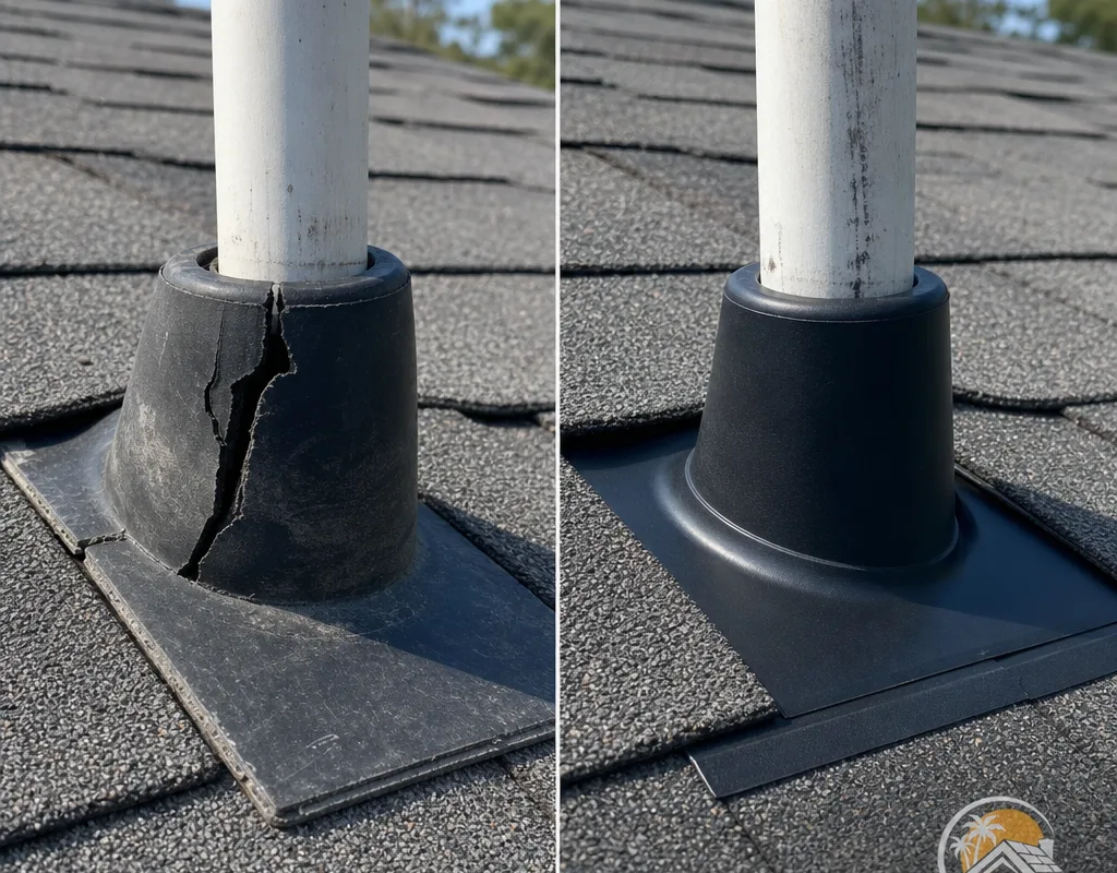 Before and after view of a cracked pipe boot replaced with new integrated flashing