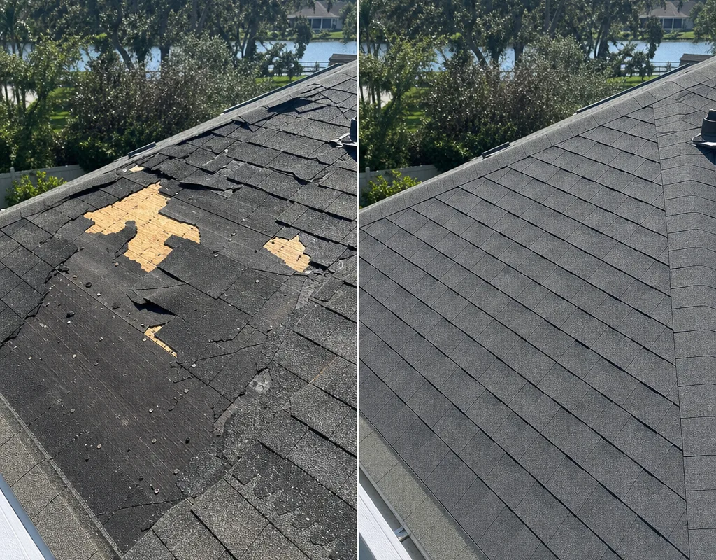 Before and after view of missing shingles replaced with aligned matching shingles and sealed tabs