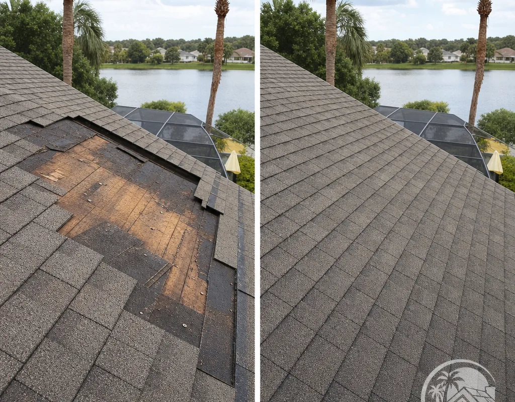 Before and after view of missing shingles replaced with aligned matching shingles and sealed tabs