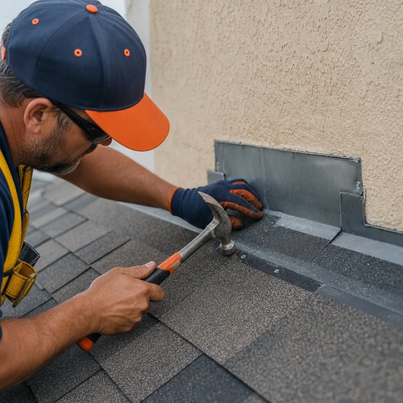 Roofer repairing step flashing and damaged shingles at a roof-to-wall transition