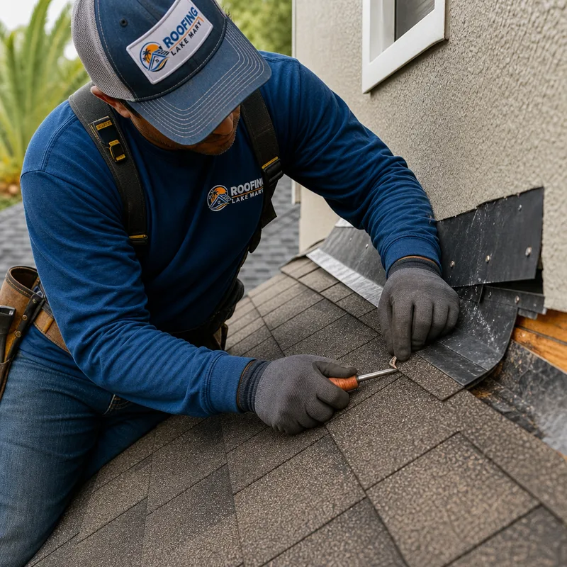 Roofer repairing step flashing and damaged shingles at a roof-to-wall transition