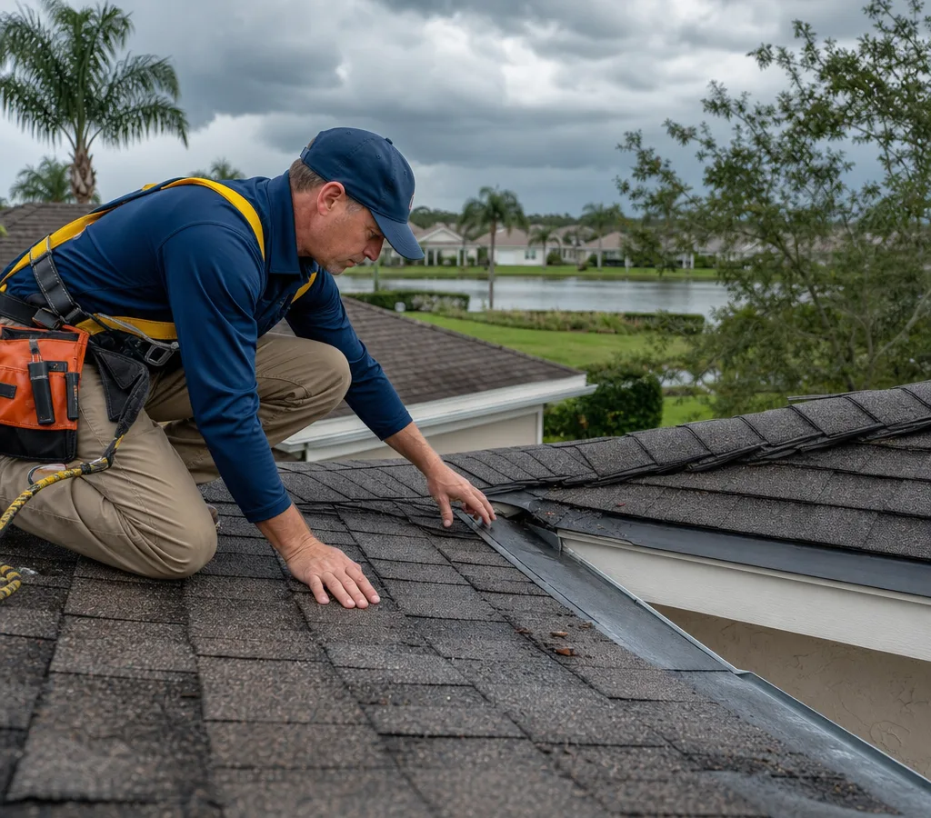 Roofing technician inspecting shingles, a roof valley, and flashing after rain on a Lake Mary home