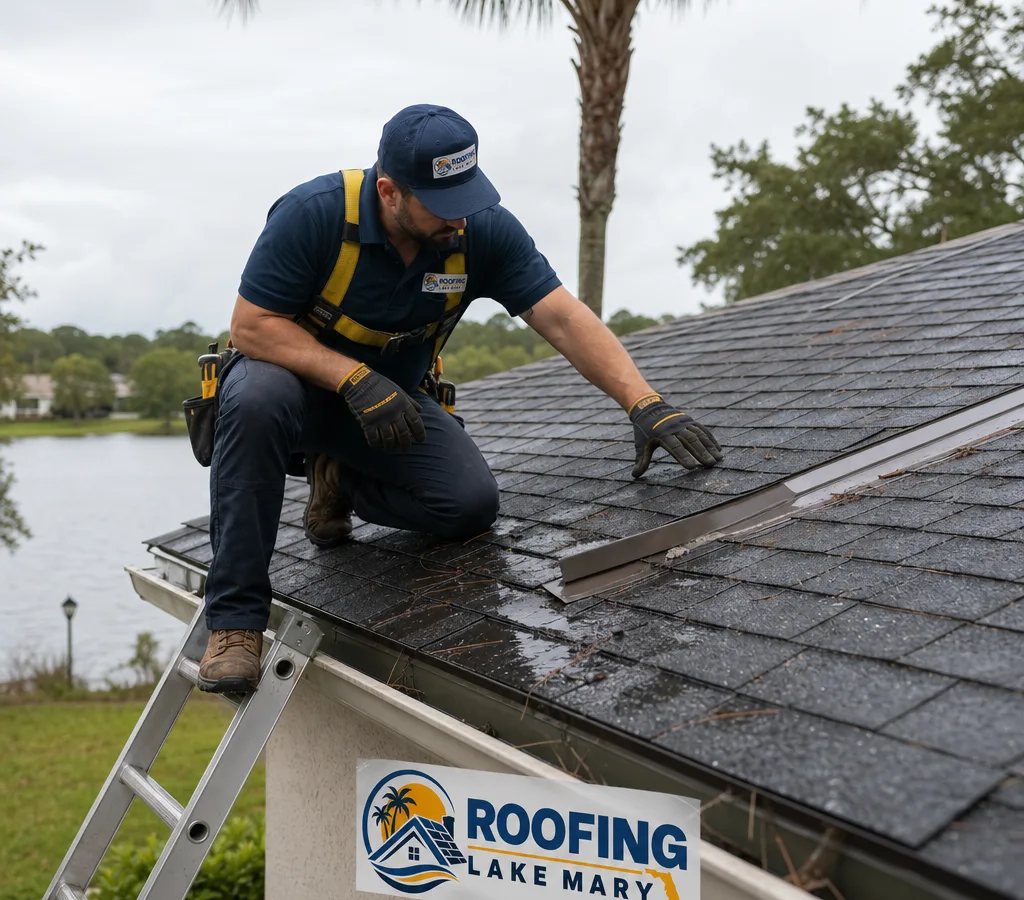 Roofing technician inspecting shingles, a roof valley, and flashing after rain on a Lake Mary home
