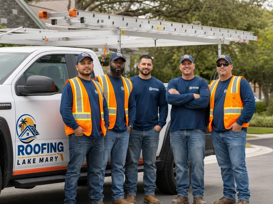 Roofing Lake Mary crew with a work truck and ladder on a residential street